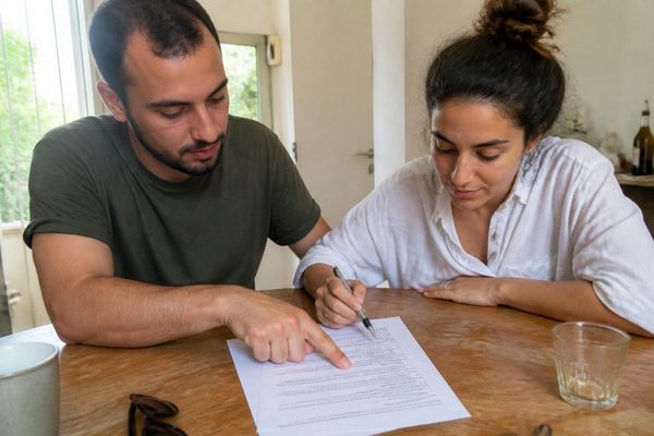 שני אנשים יושבים ליד שולחן ועוברים יחד על חוזה שכירות, אחד מהם מצביע על סעיף, באור יום רגוע