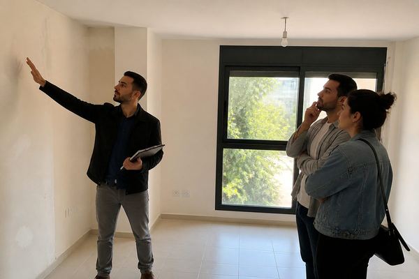 מהנדס עם לוח כתיבה בודק קיר בדירה ריקה, וזוג עומד לידו ומתבונן בעיון, באור יום