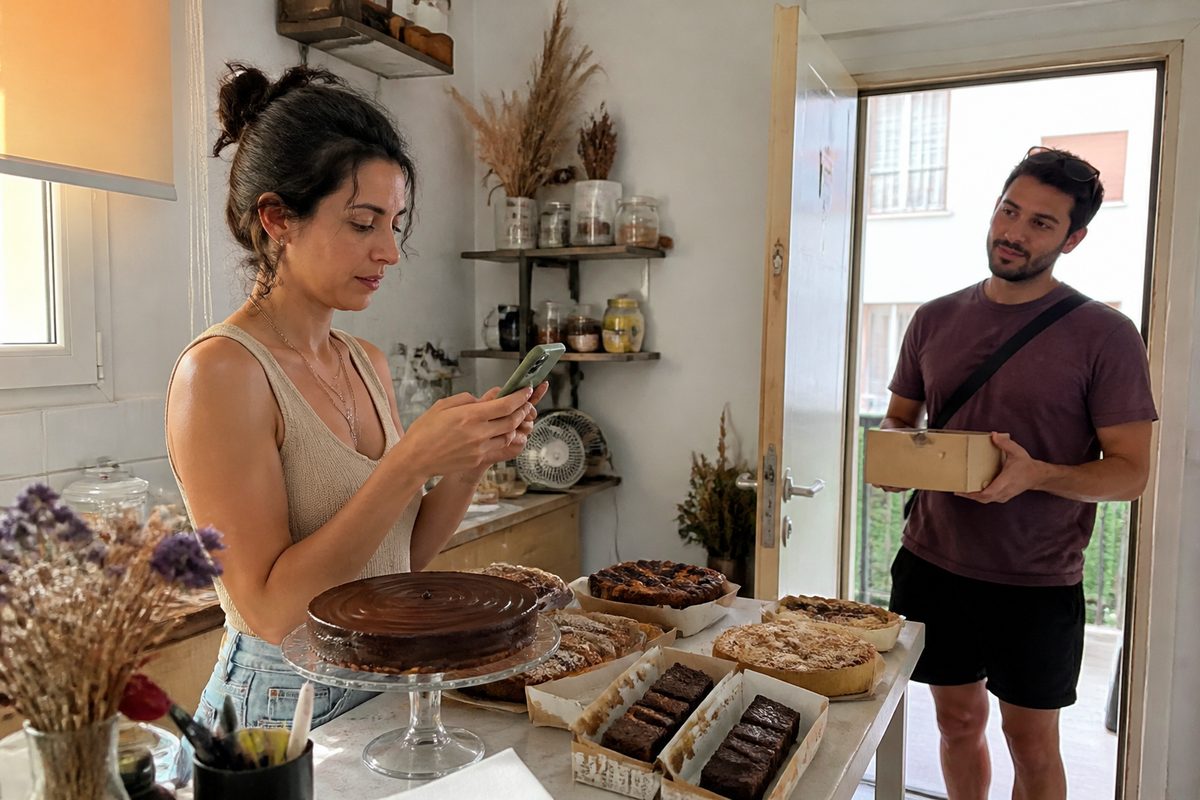 אישה צעירה במטבח ביתי בודקת את מסך הטלפון בזמן שלקוח מחכה ליד הדלת עם קופסת עוגה
