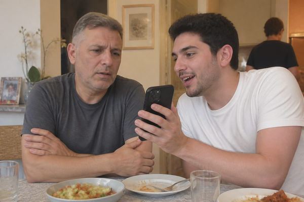 גבר בגיל העמידה, ספקן, ליד שולחן ארוחה משפחתית מקשיב לקרוב צעיר ונלהב שמראה לו משהו בטלפון