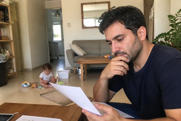 הורה בשנות ה-30 בבית מתבונן מהורהר במסמך, ילד קטן משחק בקרבת מקום, אור חמים בסלון