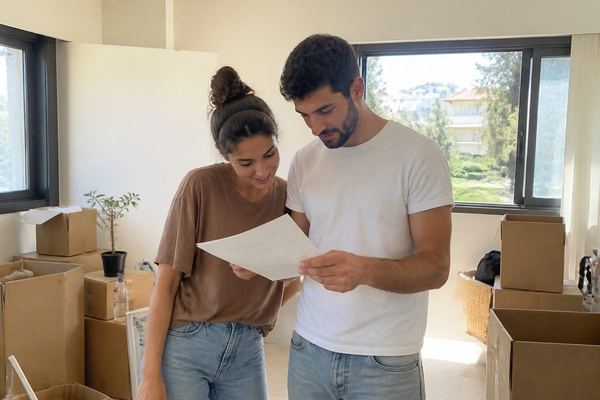 זוג צעיר בדירה חדשה בין כמה ארגזי מעבר בודק מסמך יחד, אור יום חמים נכנס מהחלון