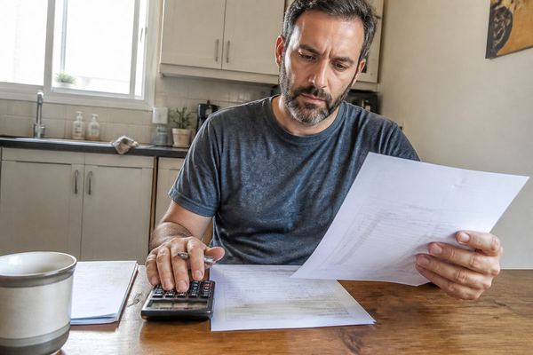 אדם בשנות הארבעים ליד שולחן מטבח בודק תלוש מודפס של ביטוח לאומי עם מחשבון, מרוכז, באור בוקר