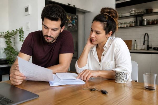 זוג יושב ליד שולחן המטבח באור בוקר ועובר יחד על מסמכי ביטוח, צרור מפתחות של בית מונח לידם