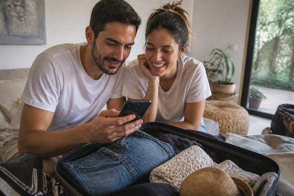 זוג בשנות ה-30 אורז מזוודה בבית תוך בדיקה של משהו בטלפון, נרגשים לקראת טיול, באור יום