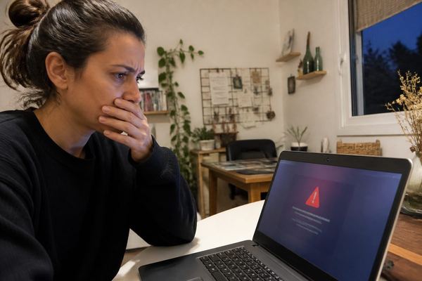 בעל עסק קטן בשנות השלושים מביט בדאגה במסך מחשב נייד שמציג אזהרת אבטחה, בפינת עבודה ביתית באור ערב