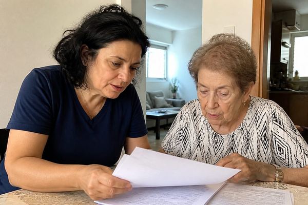 בת בשנות ה-40 יושבת ליד שולחן עם הורה מבוגר ומעיינים יחד במסמכים, אווירה חמה ומתחשבת באור רך
