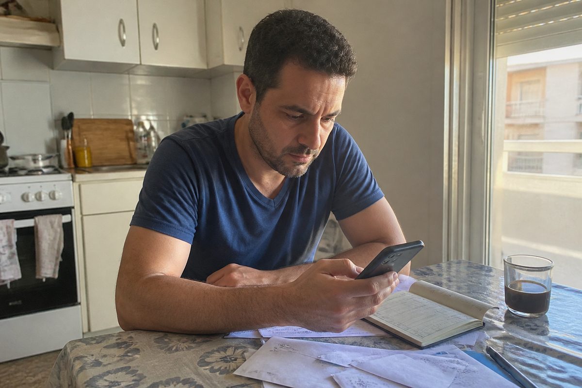 גבר בשנות הארבעים יושב ליד שולחן מטבח עם פנקס שיקים ומעטפות פתוחות ומסתכל בטלפון בדאגה