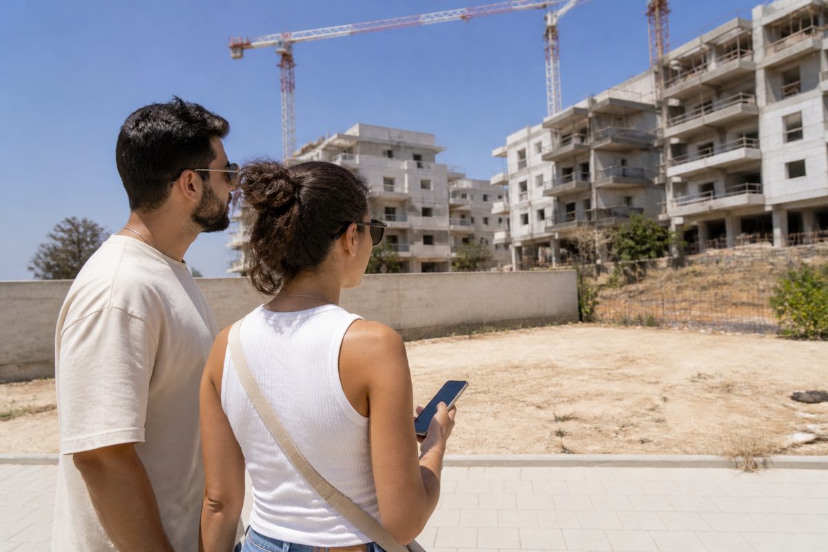 זוג צעיר עומד בקצה שכונה חדשה בבנייה, עם עגורנים ובניינים חצי בנויים ברקע