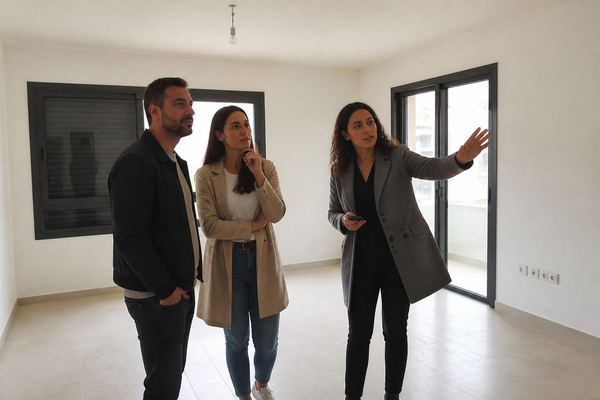 זוג בשנות ה-30 עומד עם סוכן נדל״ן בדירה ריקה ולא מרוהטת ומסתכל סביב, אור יום נכנס מהחלונות
