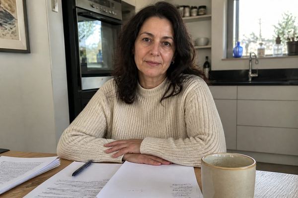 אדם בשנות ה-40 יושב ברוגע ליד שולחן עם כמה מסמכים וכוס קפה, בהבעה שלווה, באור יום רך