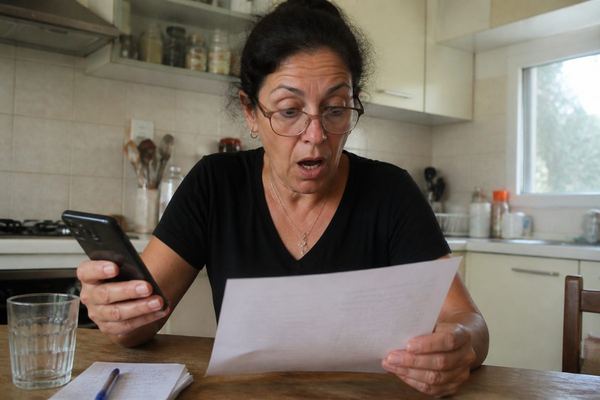 בעל דירה בשנות ה-50 יושב ליד שולחן מטבח, קורא מסמך בהפתעה ומחזיק טלפון עם מחשבון פתוח