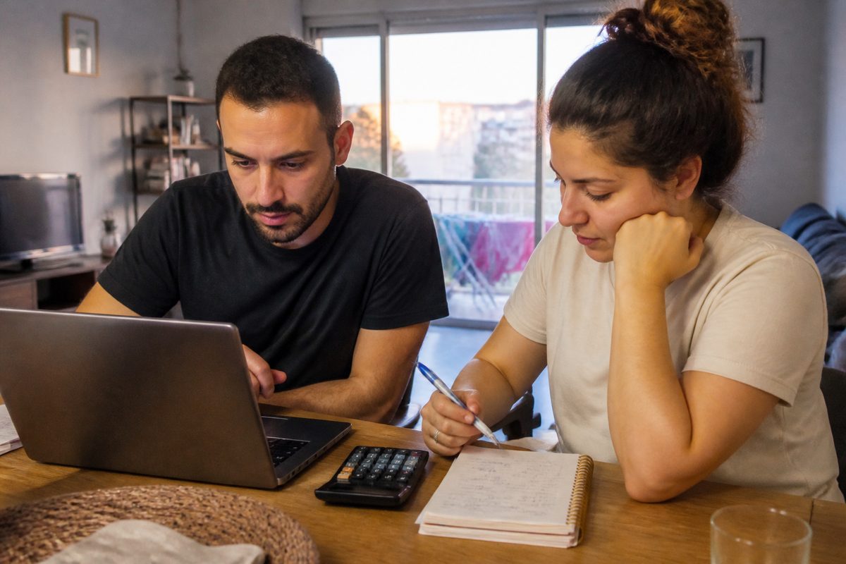 זוג בשנות השלושים יושב ליד שולחן אוכל ובודק דפי חשבון במחשב נייד ותוכנית חיסכון כתובה ביד