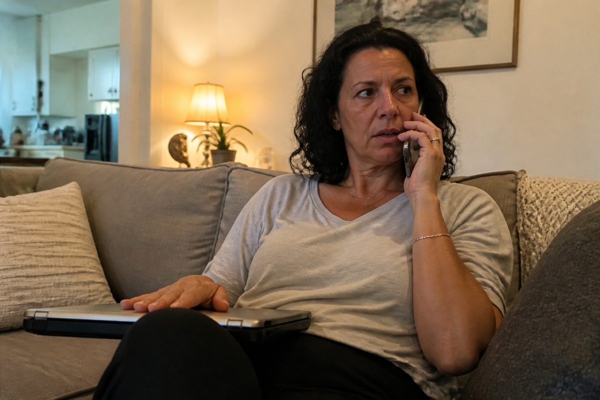 אישה בשנות החמישים יושבת על ספה בסלון ומדברת בטלפון בהבעה מודאגת, יד אחת מונחת על מחשב נייד סגור