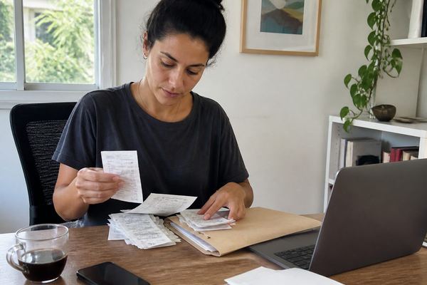פרילנסר יושב ליד שולחן קטן וממיין ערימת קבלות מנייר לתיקייה, מחשב נייד פתוח לידו
