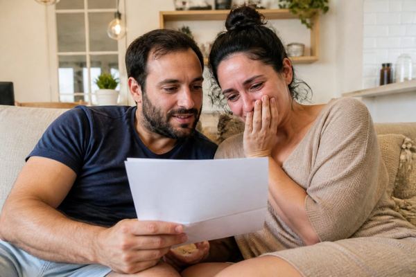 זוג בסוף שנות השלושים יושב על ספה ועובר יחד על מסמכים של סוכנות אימוץ, מלא תקווה ורגש, באור סלון חמים