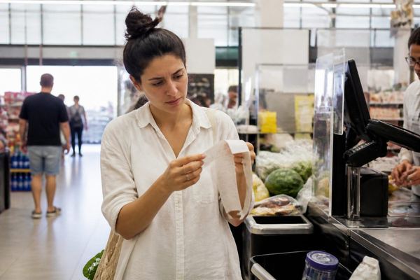 אדם בקופה של סופרמרקט בישראל באור יום, מביט בקבלה ארוכה בהבעה מודאגת מעט