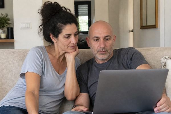 זוג בשנות ה-40 יושב על ספה באור אחר הצהריים עם מחשב נייד ומתכנן יחד את הפרישה, באווירה נינוחה