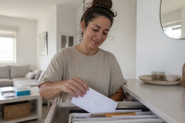 אישה רגועה מכניסה מעטפה עם תווית למגירה עם מסמכים בדירה מסודרת, באור בוקר רך ובהבעה של הקלה