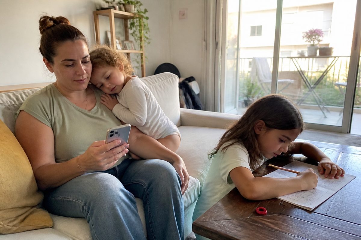 אם בשנות ה-30 יושבת על ספה בסלון עם פעוט שנשען על כתפה וילד שמכין שיעורים, ומעיפה מבט בטלפון