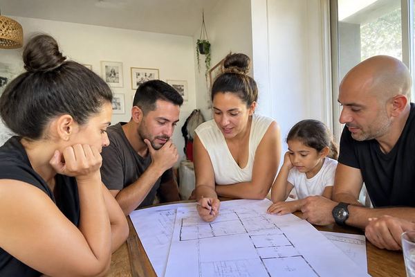 קבוצת אנשים רגילים יושבת סביב שולחן ובוחנת יחד תוכניות של בניין, בדיון ער, בחדר מואר