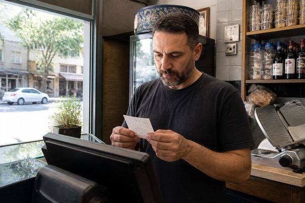 בעל חנות קטנה בשנות ה-40 עומד ליד הדלפק ומסתכל על קבלה מודפסת, בחנות ישראלית רגילה