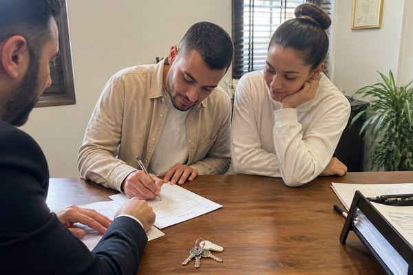 זוג צעיר חותם על מסמכים ליד שולחן במשרד עורך דין, צרור מפתחות של דירה מונח על השולחן