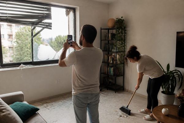 גבר מצלם בטלפון חלון מנופץ ואבק בסלון, ובת זוגו מטאטאת שברי זכוכית בפינת החדר