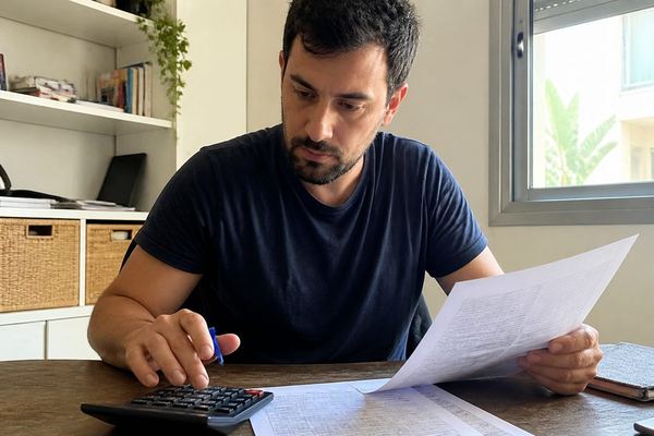 אדם בפינת עבודה ביתית עובר על מסמך מס מודפס עם מחשבון, מרוכז, באור יום