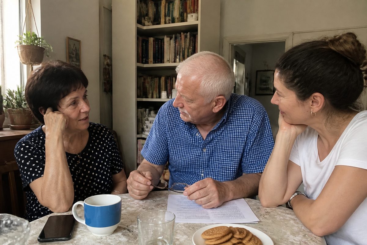 זוג מבוגר יושב ליד שולחן האוכל בדירה ותיקה ומעיין במסמך מודפס יחד עם בתם הבוגרת