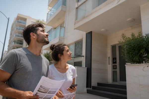 זוג צעיר עומד מחוץ לבניין מגורים ומביט למעלה בתקווה, מחזיקים ניירות מודפסים וטלפון, רחוב שטוף שמש