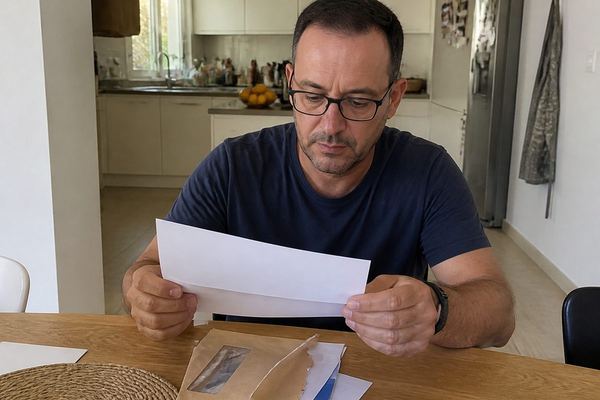 גבר בשנות ה-40 ליד שולחן המטבח פותח מעטפת נייר עם מכתב רשמי, משקפי קריאה ומבט רגוע וממוקד