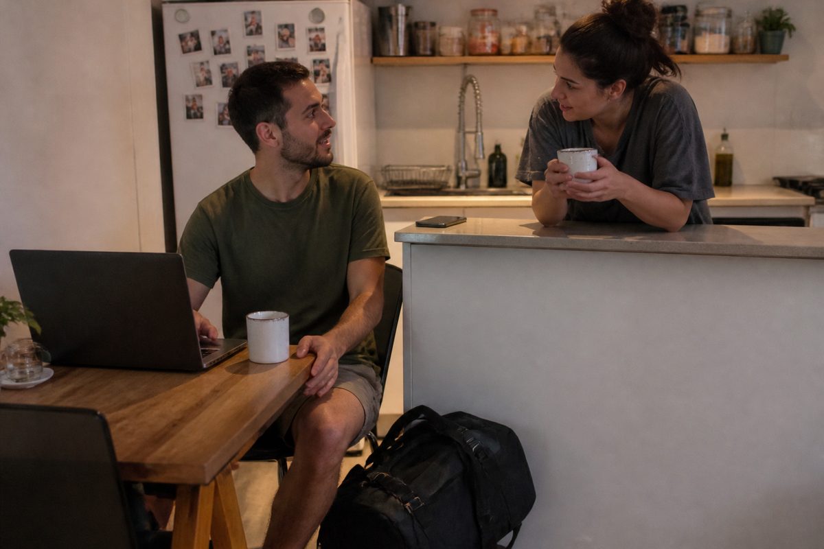 גבר צעיר יושב ליד שולחן המטבח מול מחשב נייד, תיק גדול על הרצפה, ובת זוגו מדברת איתו ליד השיש