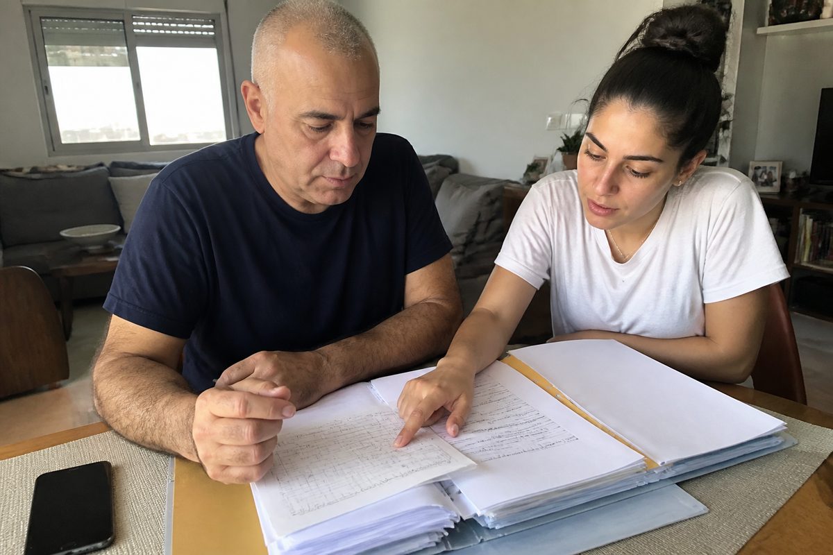 גבר בשנות ה-50 יושב ליד שולחן אוכל מול תיקייה של מסמכים רפואיים, ובתו הבוגרת מצביעה על אחד הדפים