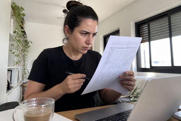 אדם יושב מול מחשב נייד ובוחן בריכוז מסמך רשמי של נכס, בפינת עבודה ביתית באור יום