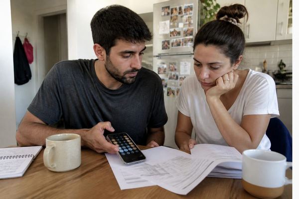 זוג צעיר ליד שולחן המטבח בדירה קטנה, מעיינים יחד בניירות משכנתא ובמחשבון בטלפון, ספלי קפה על השולחן