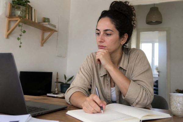 אדם בשנות ה-30 יושב ליד שולחן עבודה בבית עם מחברת ומחשב נייד, בהבעה מהורהרת ונחושה