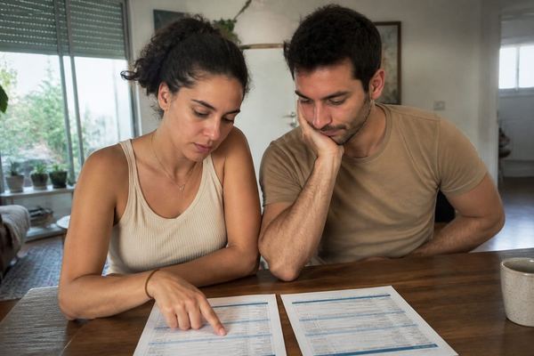 זוג צעיר משווה שתי הצעות מודפסות זו לצד זו ליד שולחן, אחד מהם מצביע על שורה, באור טבעי