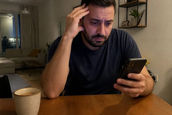 אדם בשנות השלושים בבית מסתכל על דף הלוואה בטלפון בהבעה מודאגת מעט, כוס קפה על השולחן, באור ערב