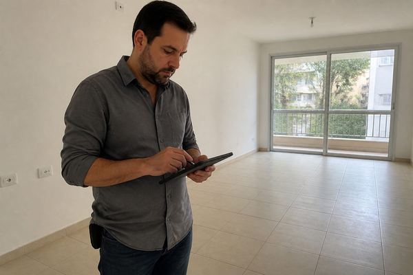 שמאי בשנות הארבעים עומד בדירה ריקה עם טאבלט, מודד ורושם הערות, אור יום נכנס מחלונות גדולים