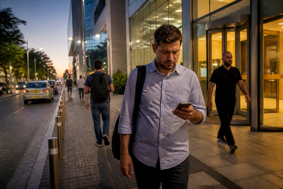 גבר בשנות השלושים יוצא מבניין משרדים בשעת דמדומים, תיק על הכתף, ומציץ בשעה בטלפון