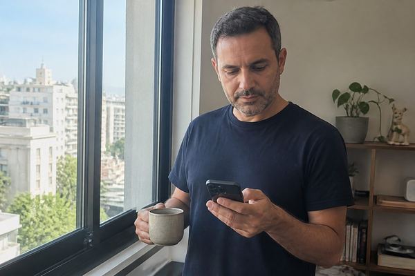 גבר רגוע בשנות ה-40 עומד ליד חלון עם ספל קפה ומביט בטלפון בהבעה יציבה, אור יום רך