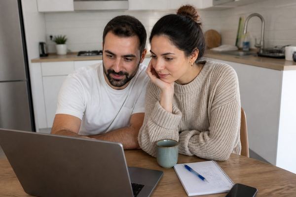 זוג יושב ליד שולחן מטבח באור חם ומגדיר יחד תוכנית חיסכון במחשב נייד, בתחושה אופטימית